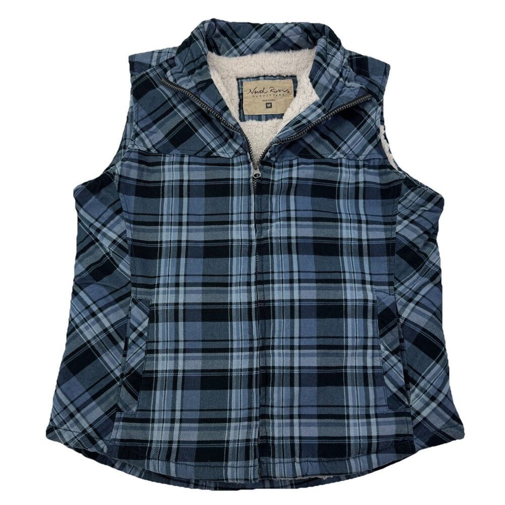 North River Womens Sherpa Lined Plaid Vest Blue Fleece Flannel Zip Sz Medium